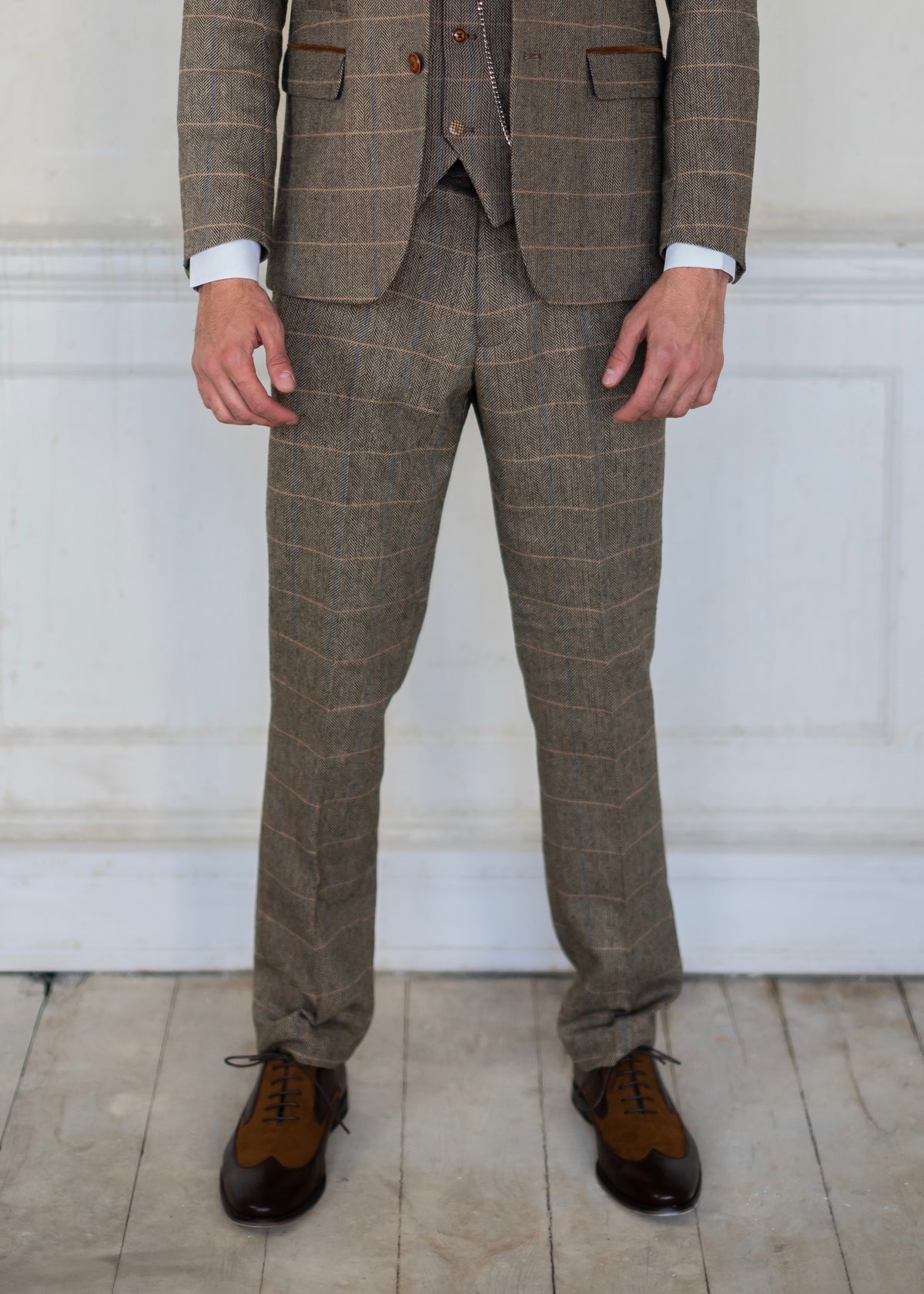 Marc Darcy Ted Tan Tweed Trousers worn with brown brogue style shoes
