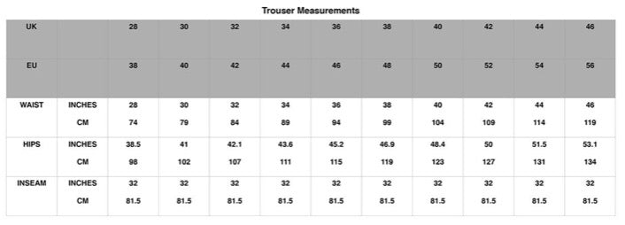 Size chart for Cavani Kemson Olive Tweed Trousers