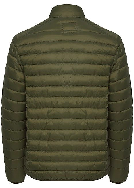 Forest green puffa jacket for men, showing back details.