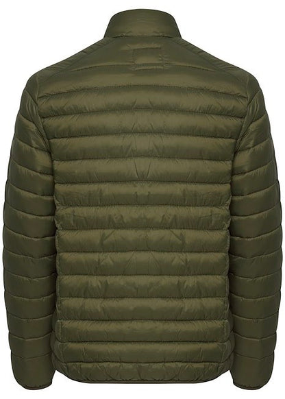 Forest green puffa jacket for men, showing back details.