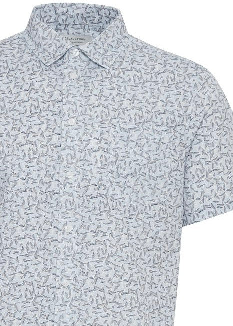 Cotton Shirt Geometric Leaf Pattern Pale Blue - Short Sleeve Shirt For Men - Summer Shirt For Men - Close up