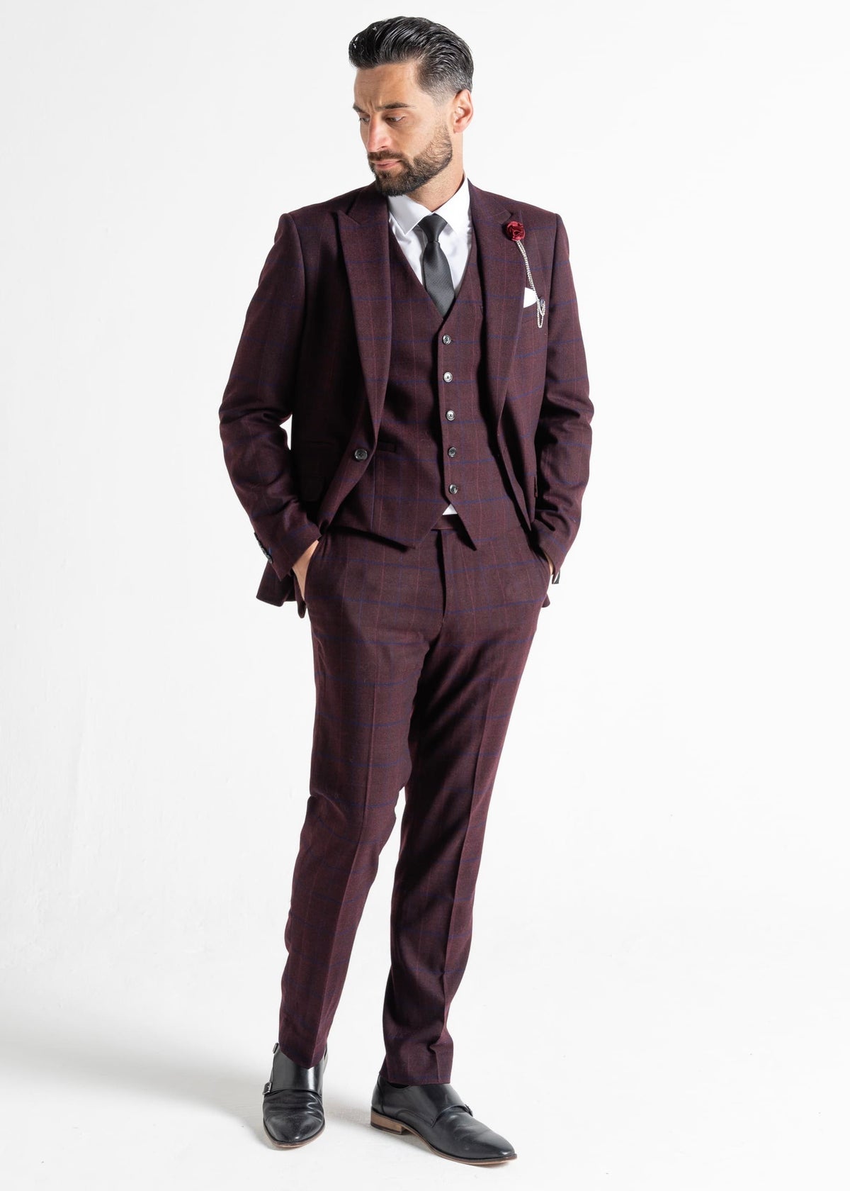 Kensington plum trousers, showing front details. 
