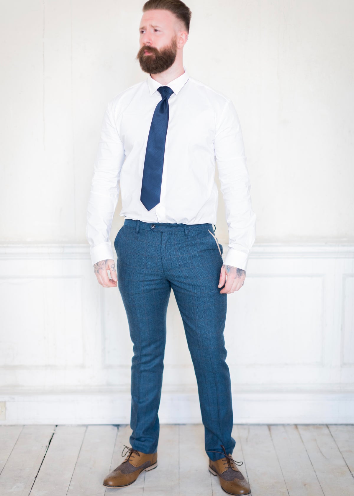 Marc Darcy Dion Tweed Trousers worn with brown brogues and a tie to compliment the navy colours