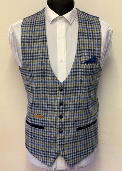 Marc Darcy Watson Blue Tweed Checked Waistcoat